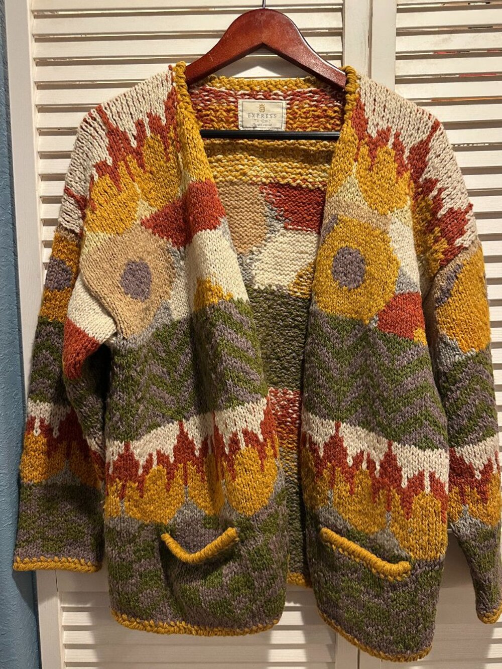 Vintage Express Tricot Sunflower Patchwork Hand Knit Cardigan 90s Boho